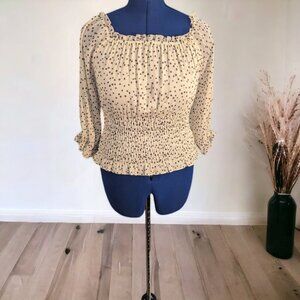 Anthropologie Lucia Off the Shoulder White Blouse Black & Grey Polka Dot Small